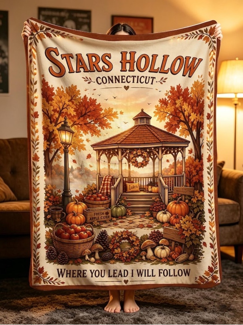 Stars Hollow Connecticut Autumn Gazebo Throw Blanket - Brown & Orange